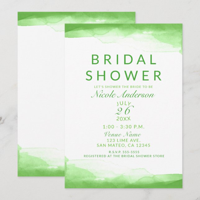 Invitation Douce Mariée Verte Clair Lime Aquarelle Élégante (Devant / Derrière)