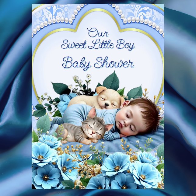 Invitation Douce Mignon Garçon Bleu Baby Shower Chiot Chat Mi (Créateur téléchargé)