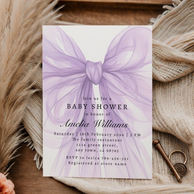 Invitation Douce Noeud en Tulle de Lilas Moderne pour Bébé (Créateur téléchargé)