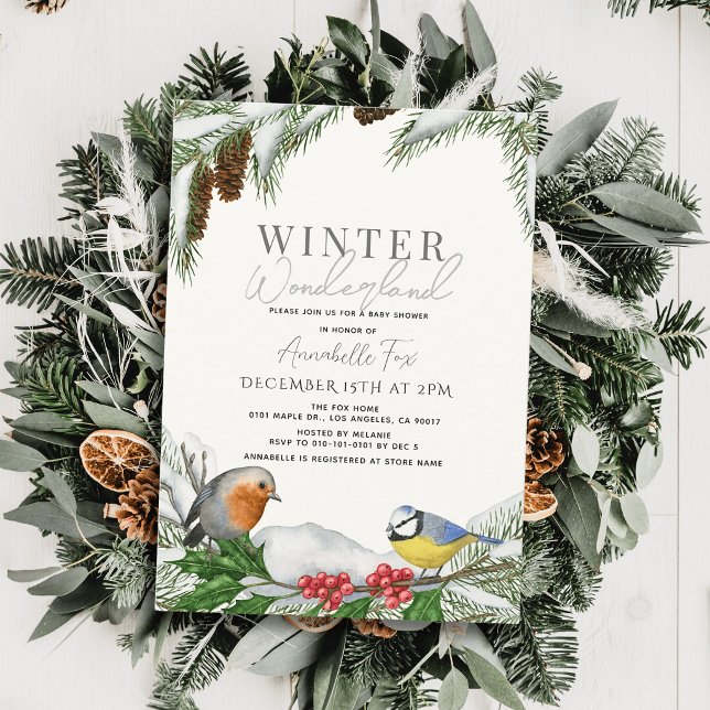 Invitation Douce Nuit Bébé Shower Oiseaux & Neige (Créateur téléchargé)