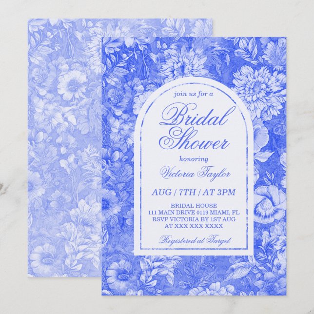 Invitation Douce Nuit Bleue Blanche Florale Chinoiserie Maria (Devant / Derrière)