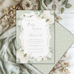 Invitation Douce Nuit de Bébé Fleurs d'Hydrange Blanc et Saug