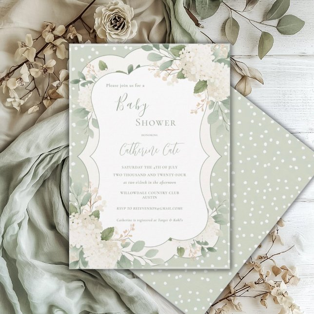 Invitation Douce Nuit de Bébé Fleurs d'Hydrange Blanc et Saug (Créateur téléchargé)