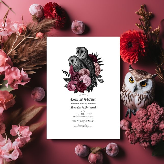 Invitation Douce Nuit de Fête de Couple Chauve-Souris Gothiqu (Gothic Owl and Floral Halloween Couples Shower Invitation)