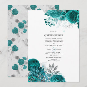 Invitation Douce Nuit de Fiançailles Florale Turquoise et Arg