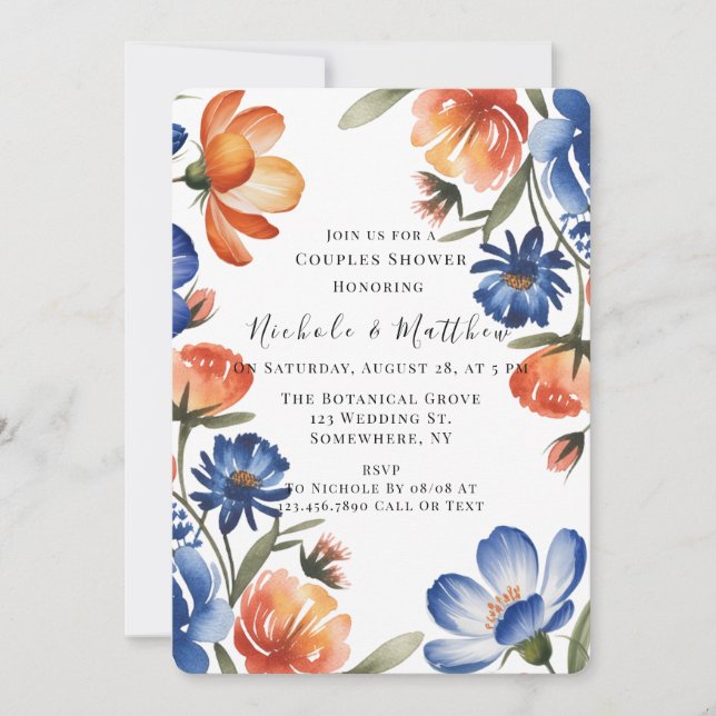 Invitation Douce Nuit de Mariage Fleurie Orange et Bleu Cobal (Devant)