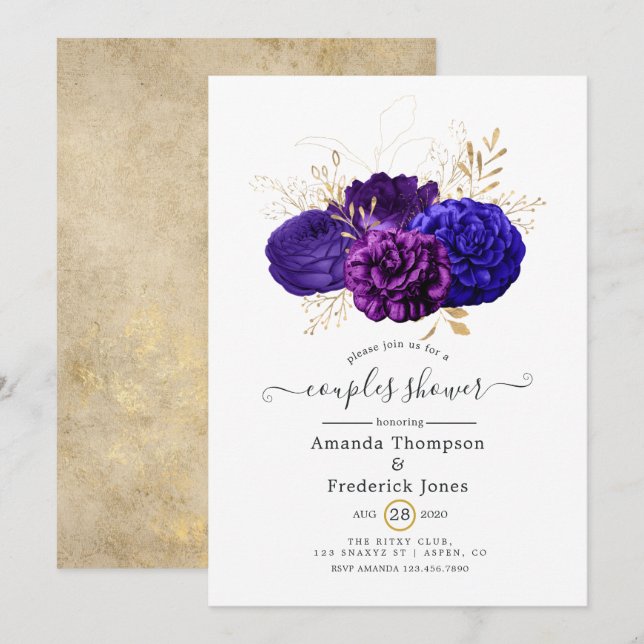 Invitation Douce Nuit de Mariage Fleurie Violette, Bleue Roya (Devant / Derrière)