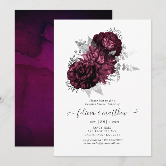 Invitation Douce Nuit Fleurs Bourguignon et Argent pour Coupl (Devant / Derrière)