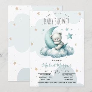 Invitation Douce Nuit Nuages Ours en Peluche Vert Baby Shower