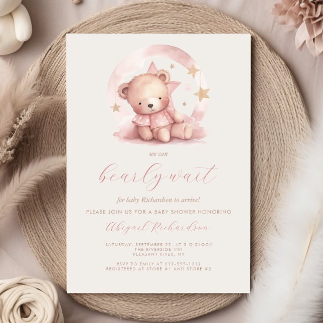 Invitation Douce Ours en Aquarelle Rose Baby Shower (Créateur téléchargé)