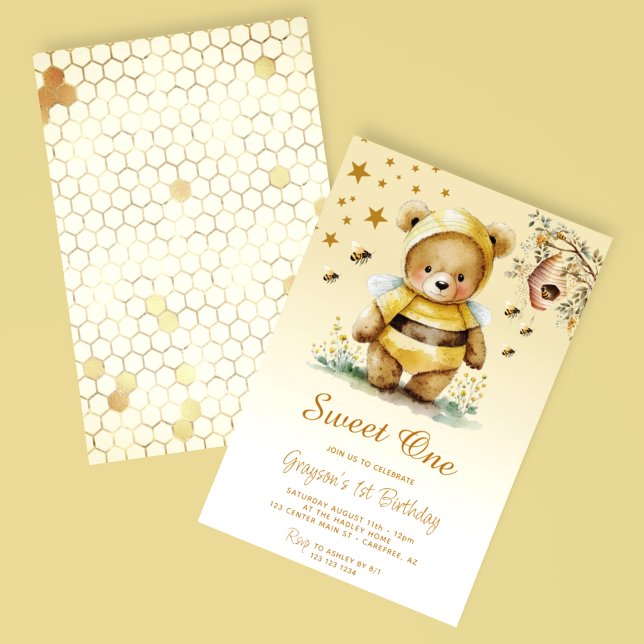 Invitation Douce Ourse en Miel 1er Anniversaire (Créateur téléchargé)