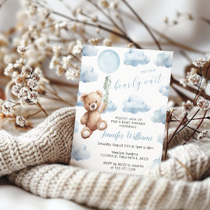 Invitation Douce Ourson Bleu Ballon Garçon Baby Shower
