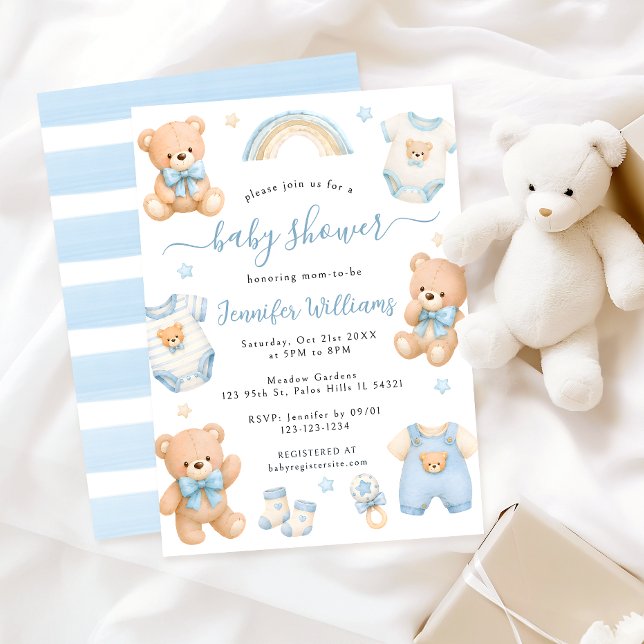 Invitation Douce Ourson Bleu Bohème Fête de Naissance Garçon (Créateur téléchargé)