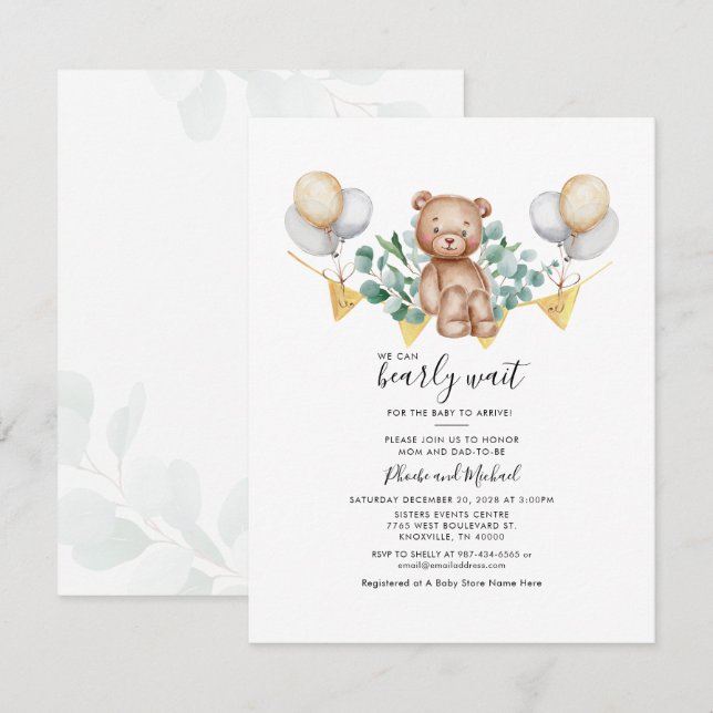 Invitation Douce Ourson Botanique Eucalyptus Fête de Naissanc (Devant / Derrière)