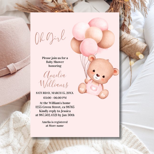 Invitation Douce Ourson Fille Rose Ballon Baby Shower (Créateur téléchargé)