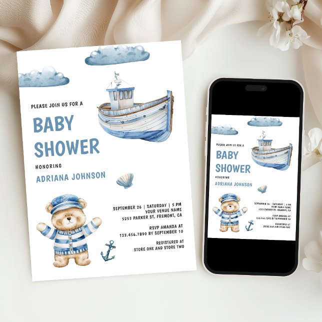 Invitation Douce Ourson Marin Bateau Baby Shower Rustique (Créateur téléchargé)