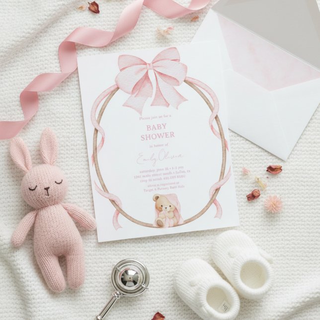 Invitation Douce Ourson & Nœud Rose Fille Baby Shower  (Créateur téléchargé)