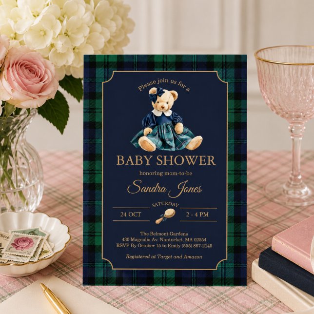 Invitation Douce Ourson Préparé Fille Baby Shower (Elegant Preppy Teddy Bear Girl Baby Shower Invitation)