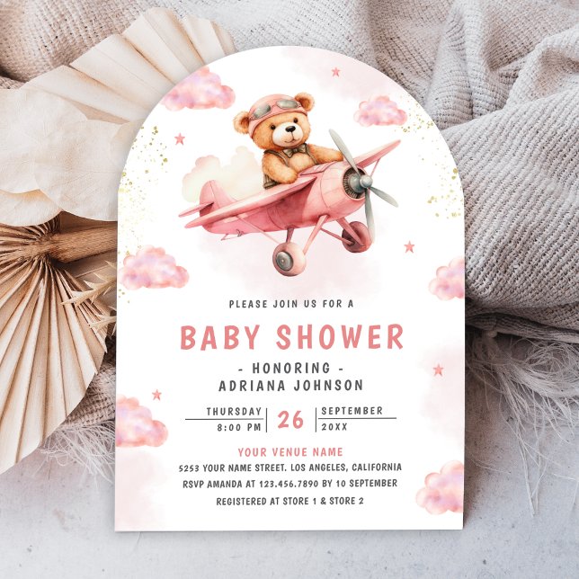 Invitation Douce Ourson Rose Avion Arche Baby Shower (Créateur téléchargé)