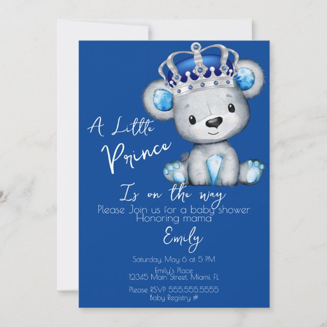 Invitation Douce Ourson Royal Bleu Garçon Baby Shower  (Devant)