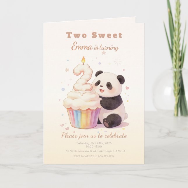 Invitation Douce Panda Pastel Bébé 2e Anniversaire (Devant)