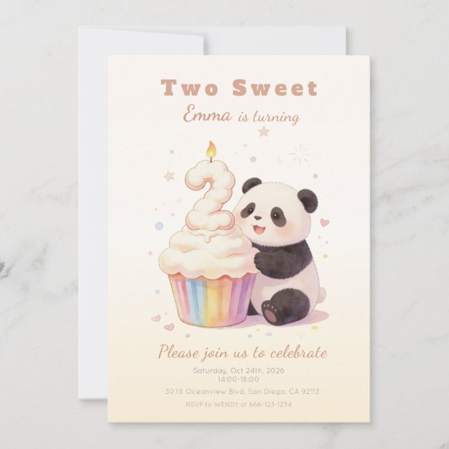 Invitation Douce Panda Pastel Bébé 2e Anniversaire (Devant)