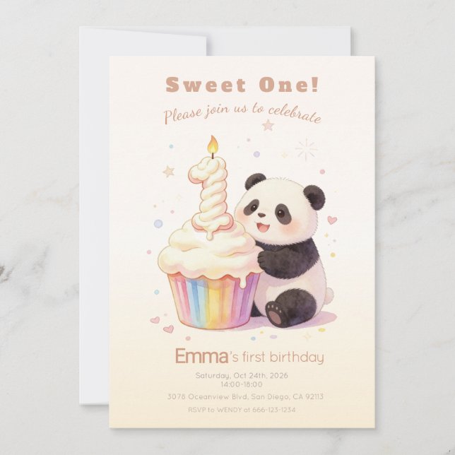 Invitation Douce Panda Pastel pour le 1er Anniversaire de Béb (Devant)