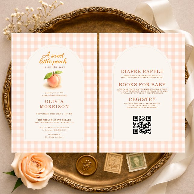 Invitation Douce Peachy Gingham Combinaison Bébé Shower (Créateur téléchargé)