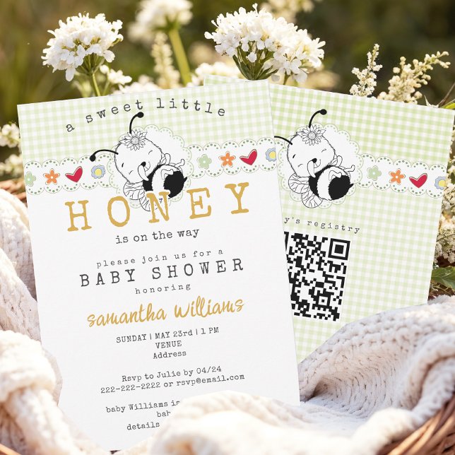 Invitation Douce Petite Abeille en Gingham "Bébé" Baby Shower (Whimsical Sweet Little Honey Rustic Gingham and Vintage Lace Bumble Bee Babee Baby Shower Invitation)