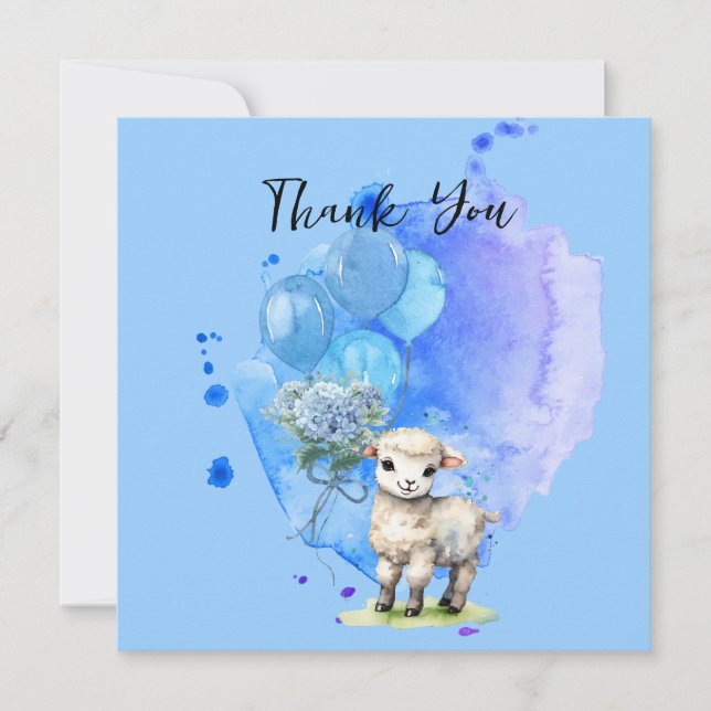 Invitation Douce petite agneau Hydrangea bleu Carré Merci (Devant)