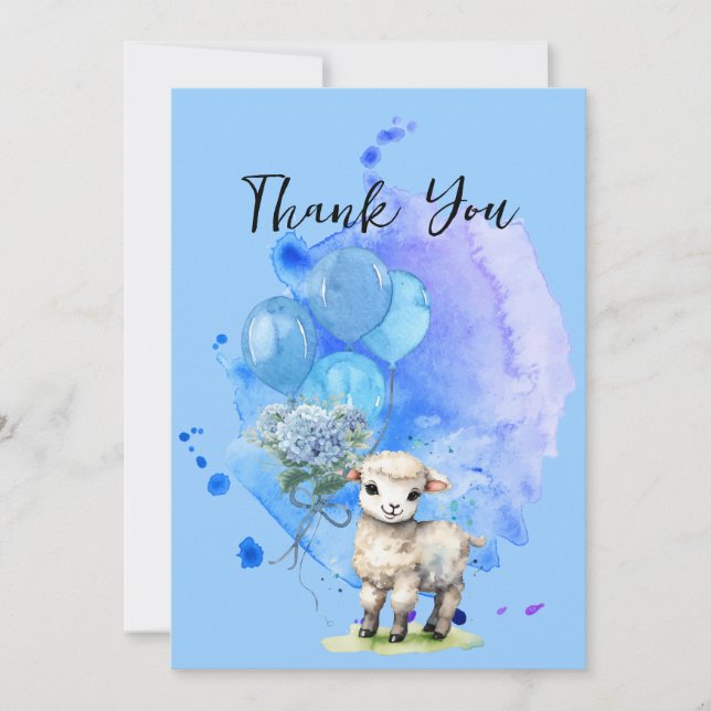 Invitation Douce petite agneau Hydrangea bleue Ballons Merci (Devant)