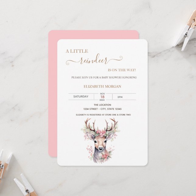 Invitation Douce petite biche Holly Berry Baby Shower   (Devant/Arrière en situation)