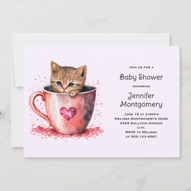 Invitation Douce petite chaton brun dans une baby shower tass (Devant)