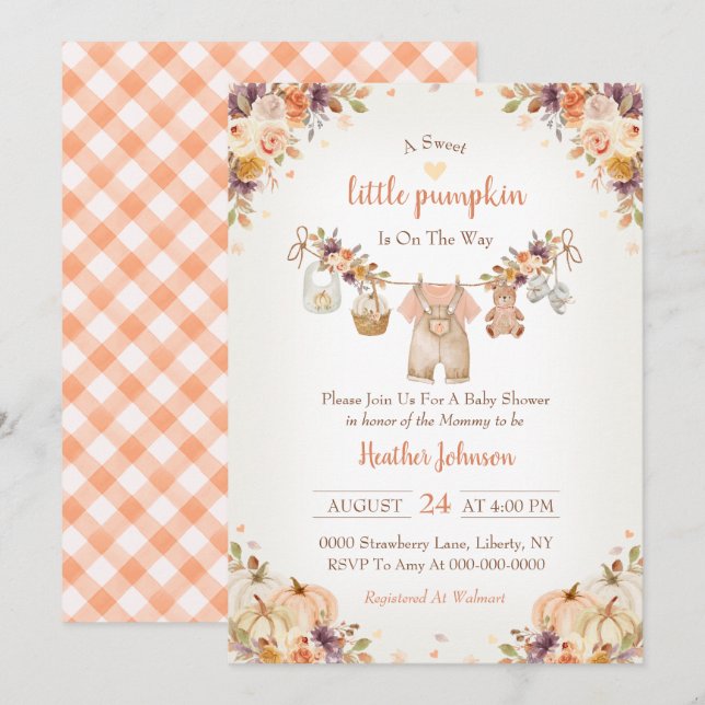 Invitation Douce petite citrouille Baby Shower d'automne (Devant / Derrière)