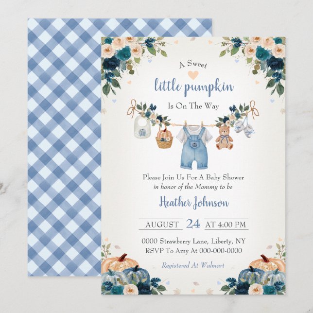 Invitation Douce petite citrouille Fête prénatale de bébé d'a (Devant / Derrière)