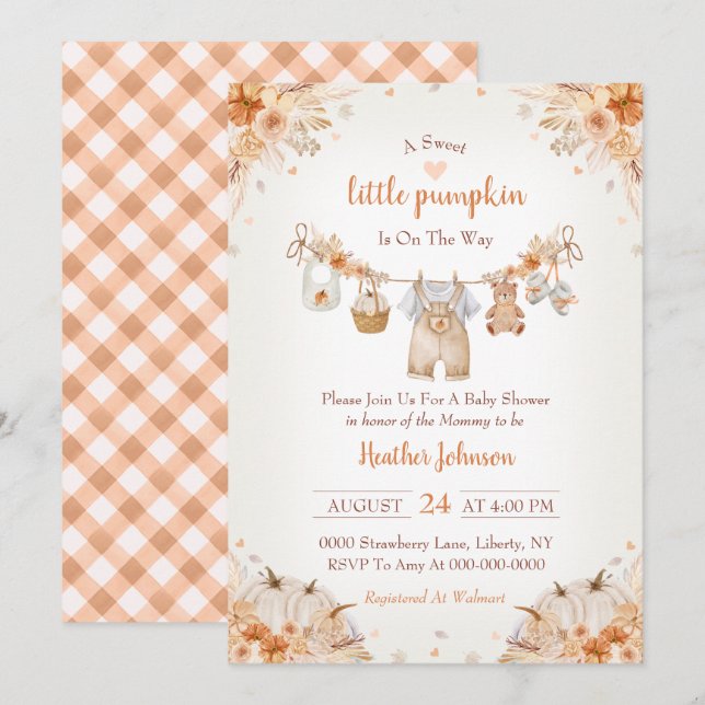 Invitation Douce petite citrouille Fête prénatale de bébé d'a (Devant / Derrière)