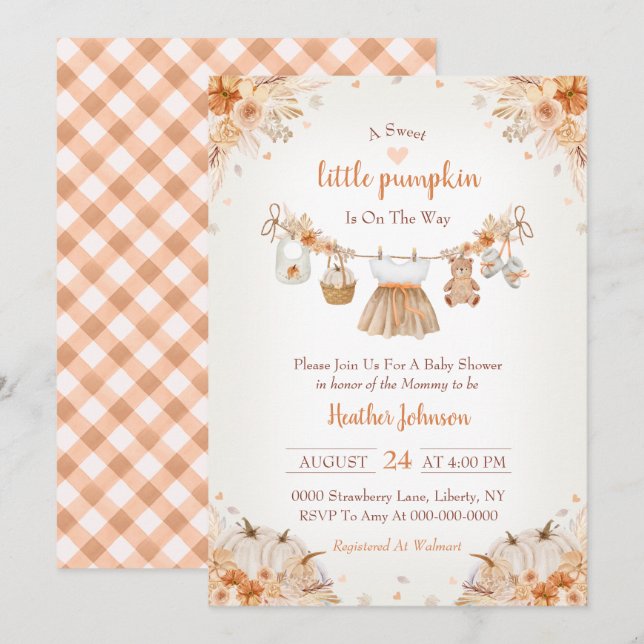 Invitation Douce petite citrouille Fête prénatale de bébé d'a (Devant / Derrière)