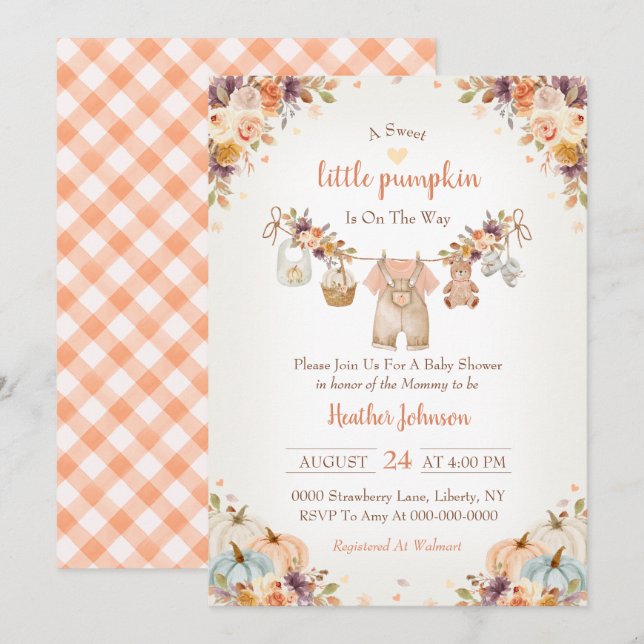 Invitation Douce petite citrouille Fête prénatale de bébé d'a (Devant / Derrière)