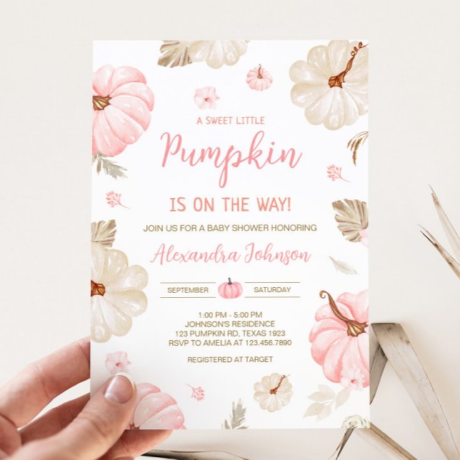 Invitation Douce petite citrouille rose Fête prénatale d'auto (Girl Sweet Little Pumpkin Fall Baby Invitation)