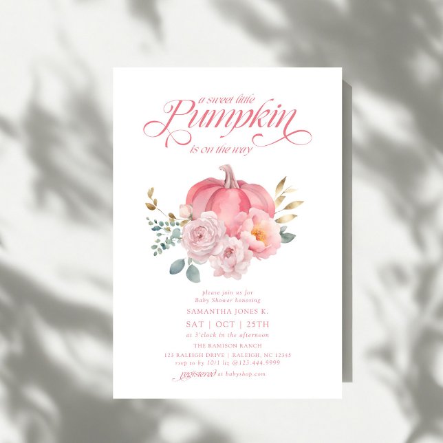 Invitation Douce petite citrouille rose florale bébé automne  (Créateur téléchargé)