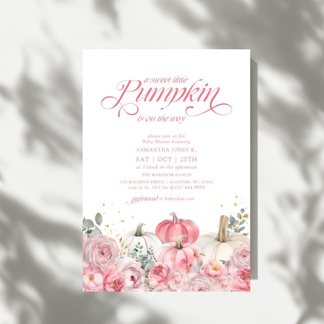 Invitation Douce petite citrouille rose florale bébé automne  (Créateur téléchargé)