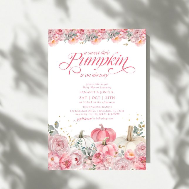 Invitation Douce petite citrouille rose florale bébé automne  (Créateur téléchargé)