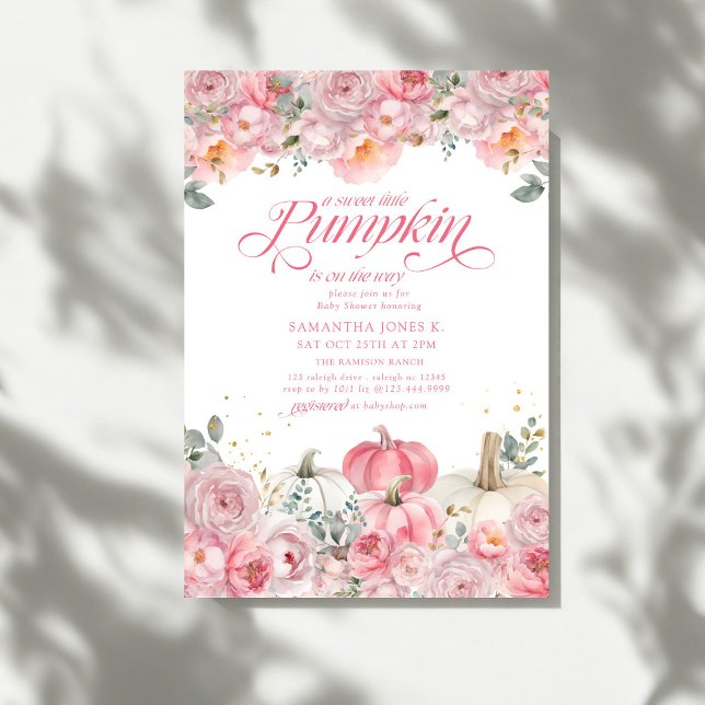 Invitation Douce petite citrouille rose florale bébé automne  (Créateur téléchargé)