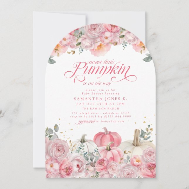 Invitation Douce petite citrouille rose florale bébé shower d (Devant)