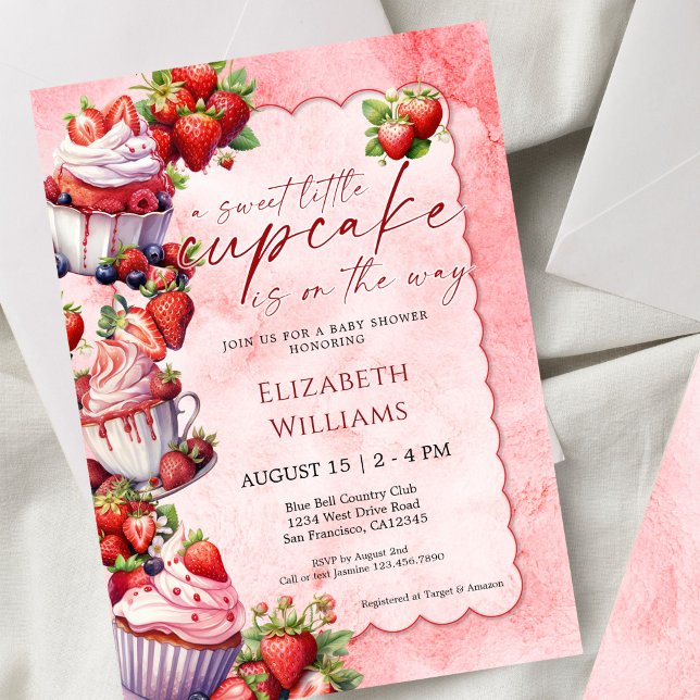 Invitation Douce Petite Cupcake Fête de Bébé Fille aux Fraise (Créateur téléchargé)