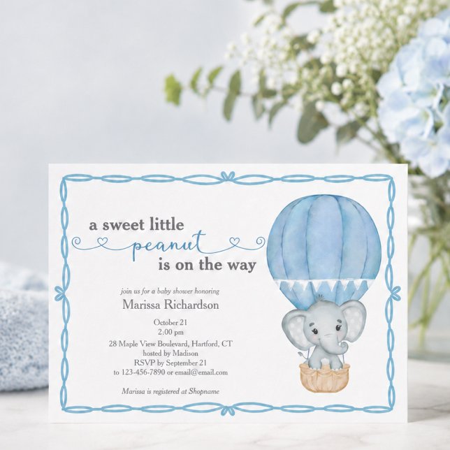 Invitation Douce petite éléphant bébé garçon Baby Shower (elegant cute sweet little peanut elephant blue hot air balloon baby boy shower invitation)