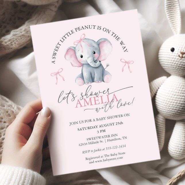 Invitation Douce Petite Éléphant Fille Baby Shower Cacahuète (Sweet Little Peanut Elephant Baby Girl Shower Invitation)