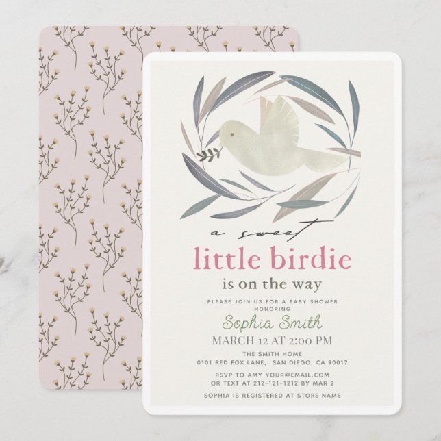 Invitation Douce petite fée Baby Shower Blanche Colombe Olive (Devant / Derrière)