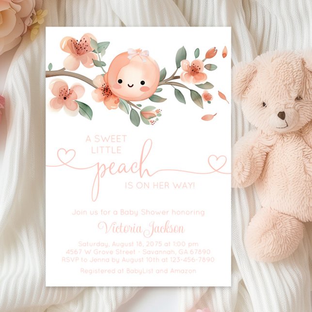 Invitation Douce petite fête de bébé Pêche (Cute little peach baby shower invitation with adorable baby girl peach and peach branch.)