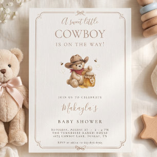 Invitation Douce Petite Fête de Naissance Ourson Western Cowb